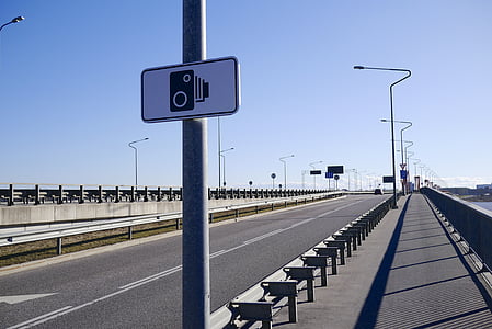 bridge, street lamp, speed camera, road sign, roadsign