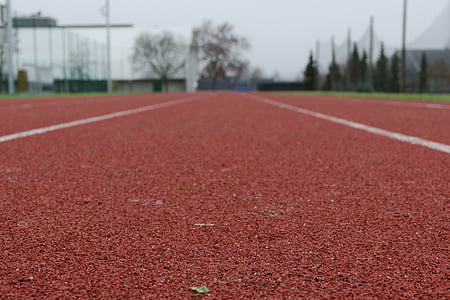 pista, pista de atletismo, carrera, competencia, pliegue de, pintura, rojo