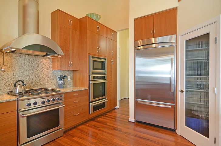 fridge, kitchen, refrigerator, interior, design, stainless, wood