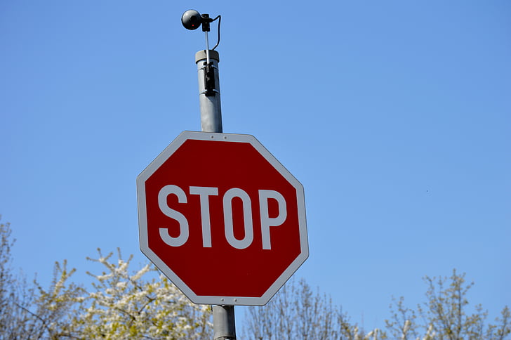 stop, shield, traffic sign, camera, warnschild