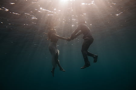 people, man, woman, holding, hands, holding hands, swimming