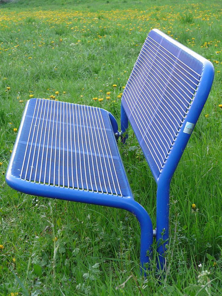 bank, garden bench, sit, rest, grass, blue