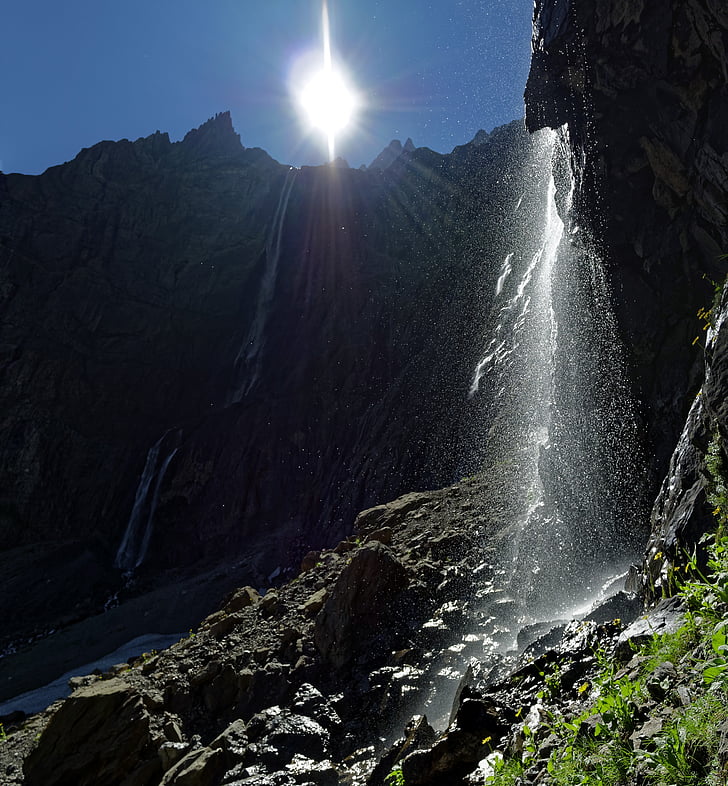 montagne, cascata, Panorama, luce posteriore