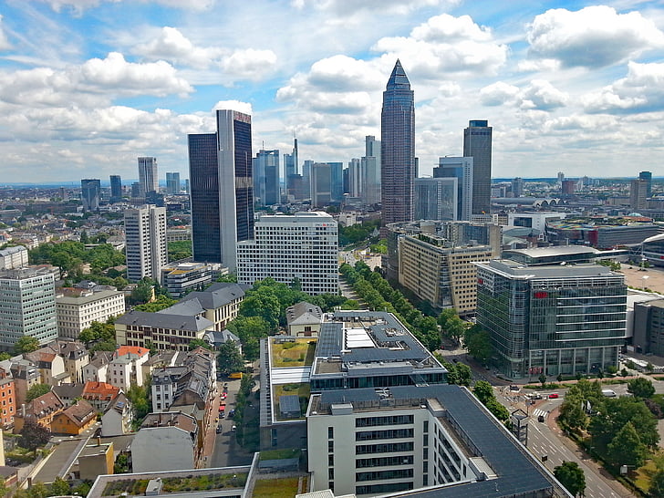 Frankfurte pie Mainas, Hesse, Vācija, siluets, Debesskrāpis, programma Outlook, cilvēki un kultūra