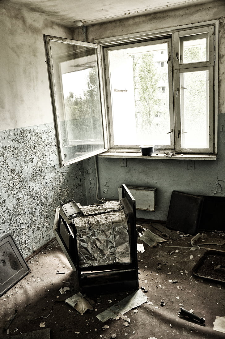 Pripyat, Černobiļas, vecais, iekštelpās, melnbalts, netīri, vecmodīgs