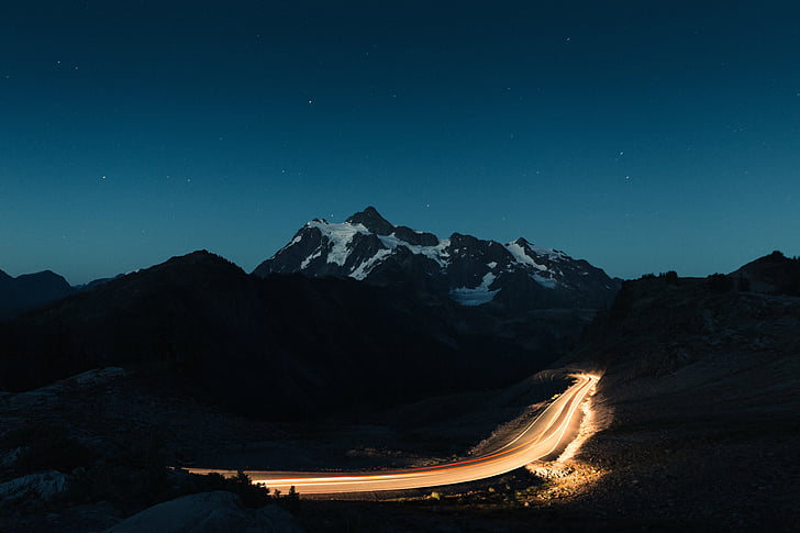 long-exposure, mountains, nature, night, road, stars