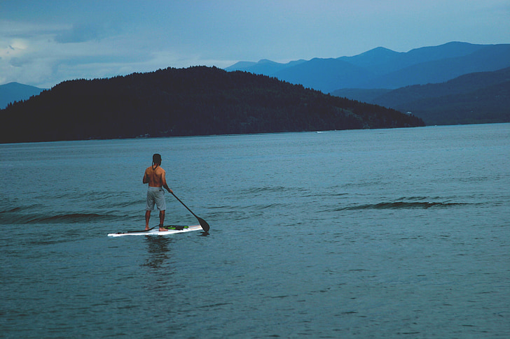 lake, water, paddle board, guy, man, people, mountains