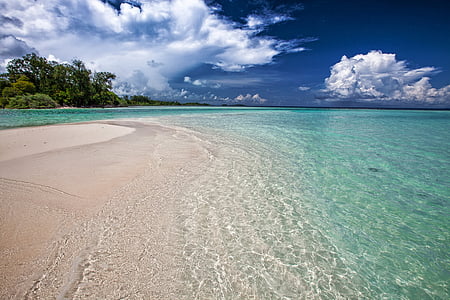 Spiaggia di sabbia bianca, Ripples, il mare poco profondo, turchese, Nuvola, cielo, Tropical