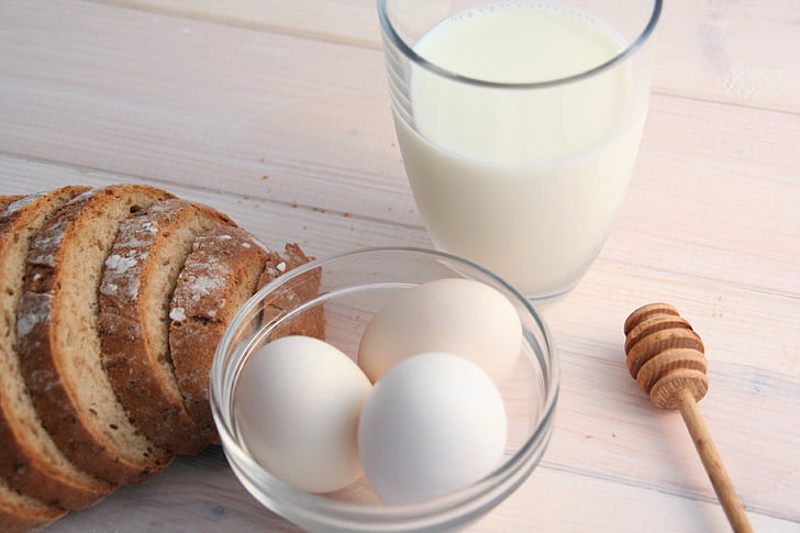 eggs, milk, bread, breakfast, eating, food, healthy food