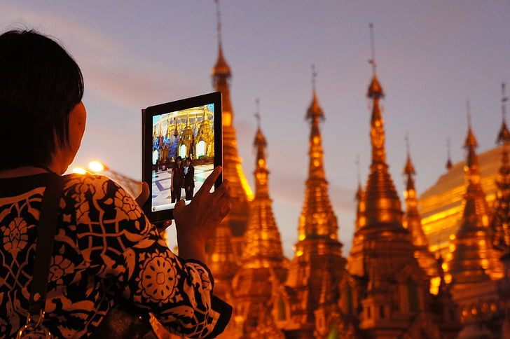 Pagode Shwedagon, dourado, iPad, fotografia, pagode, informações turísticas