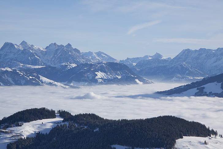 montagnes, brouillard, paysage, hiver, neige, au-dessus des nuages, Dom