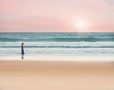 océan, jeune fille, marche, mer, été, eau, vacances