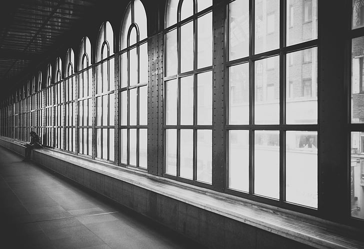 black-and-white, person, solo, windows, architecture, window, indoors