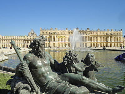Versailles, bassenget, statuen, fontene, vannjet, vann, slottet