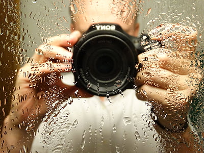 fotograaf, foto, druppel water, spiegelbeeld, spiegel, opname, zelf geschoten