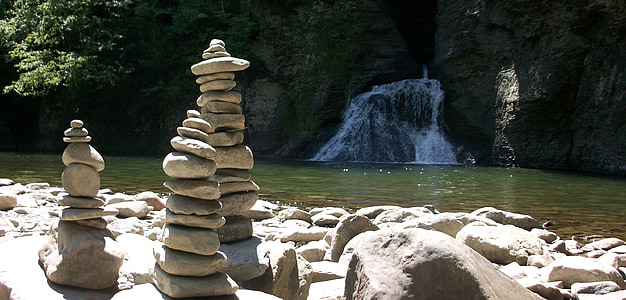 Cairn, keseimbangan, Zen, ditumpuk, batu, batu, air terjun