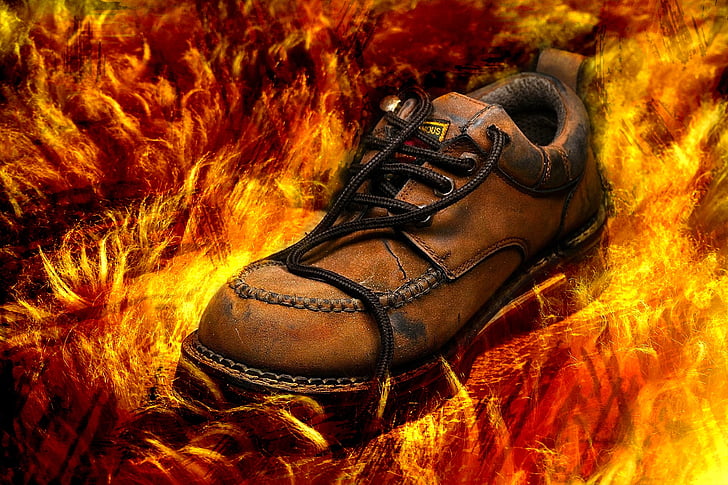 shoe, old, hiking shoes, fireproof, fire, brown, leather