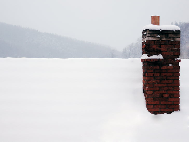chimney, snow, white, roof, winter, bricks, orange
