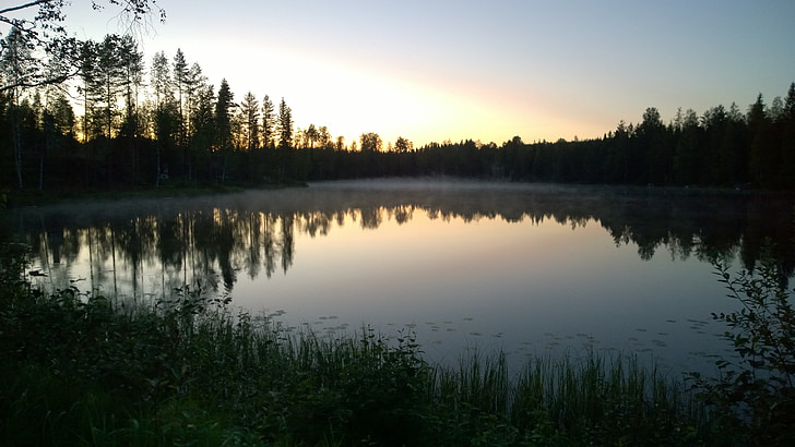søen, ro, refleksion, aften, rolig, sommer, landskab