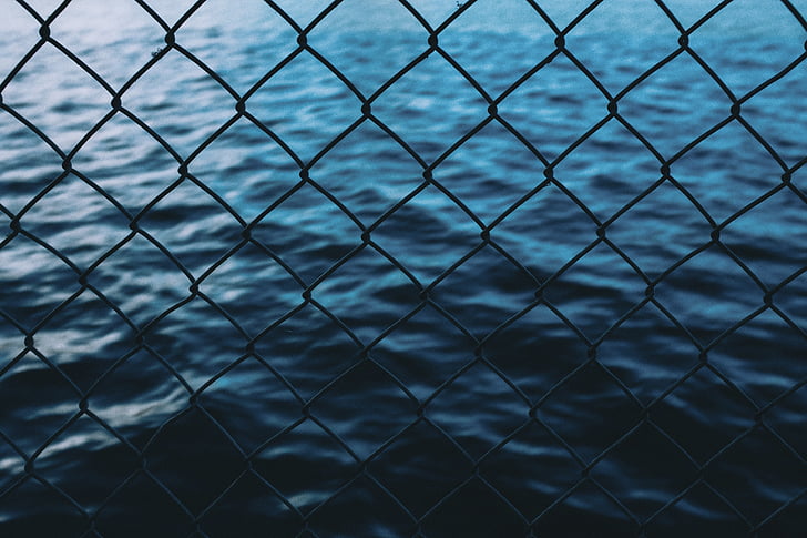 sea, ocean, blue, water, nature, fence, wire