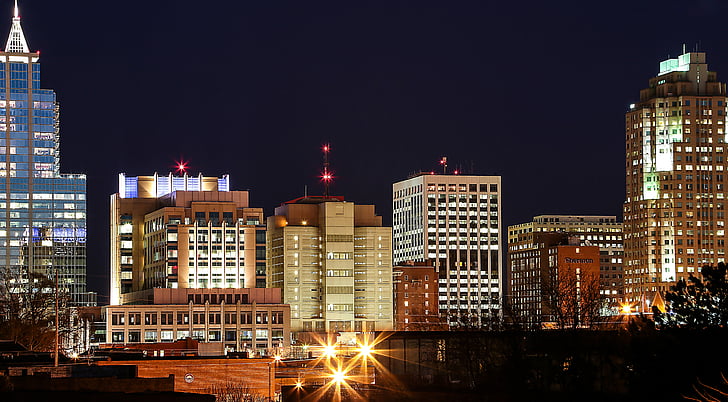 городской пейзаж, центр города, ночь фотография, Скайлайн, роли, Северная Каролина, небоскреб, внешний вид здания