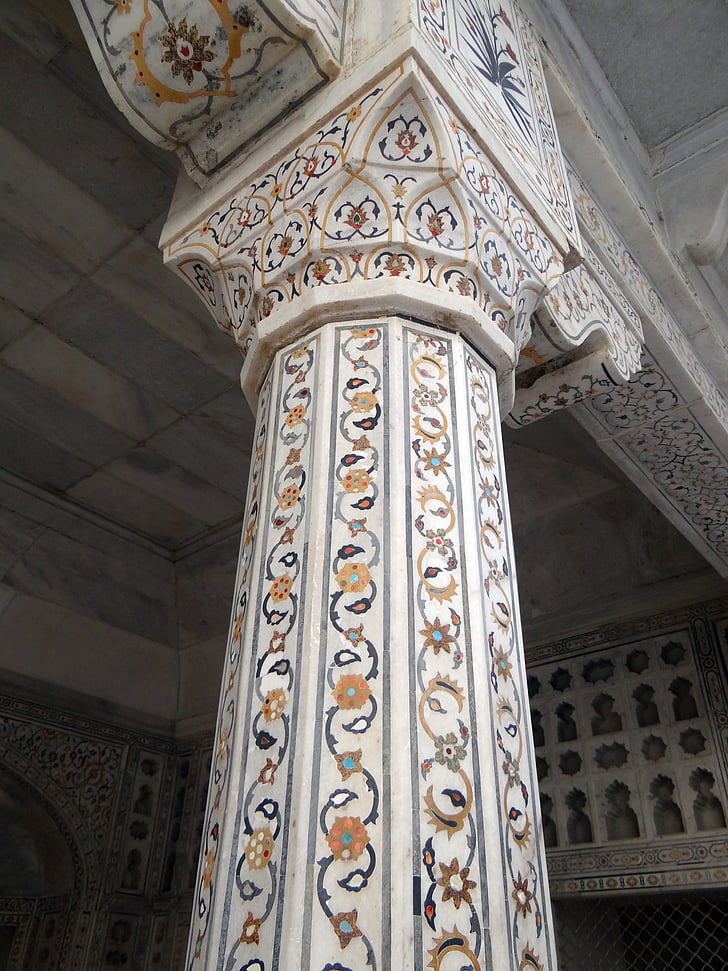 Pilar, cornice, interior, marmer inlay, bertatahkan permata, benteng Agra, musamman burj