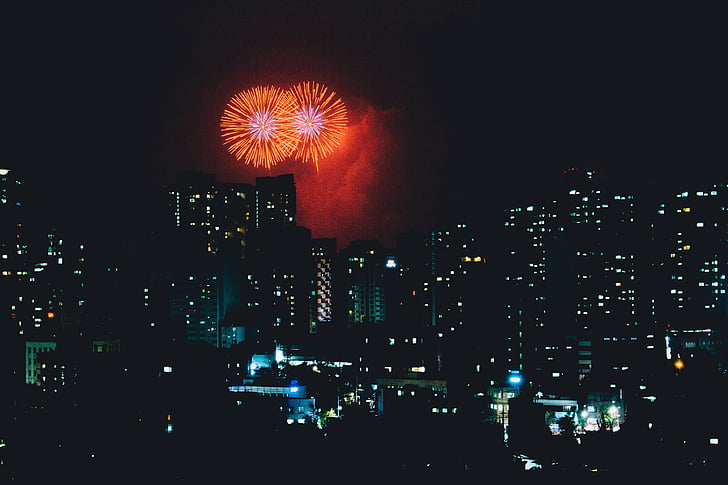 fireworks, dark, city, night, lights, building, structure