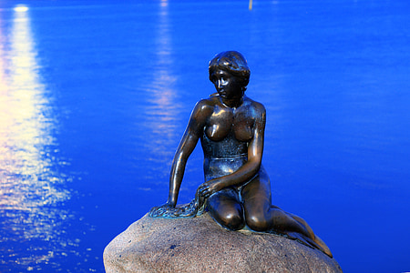 küçük deniz kızı, Kopenhag, kobanhavn, küçük deniz kızı, mavi, heykel, Danimarka