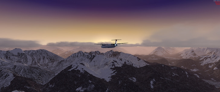 alpine, aircraft, dash q400, sunset