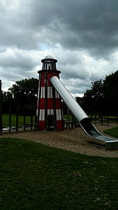 playground, lighthouse, slide, children, fun, children's playground, slip