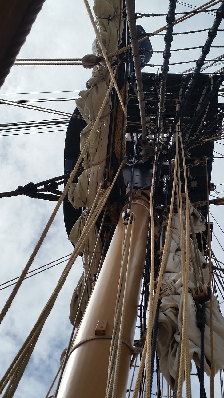spar, ship, mast, sail, rigging, rope, sea