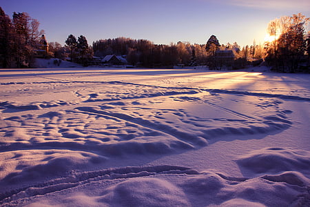 Suecia, paisaje, lago congelado, puesta de sol, bosque, árboles, maderas