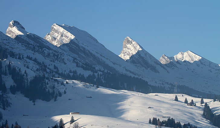 churfirsten, kalni, Alpu, Šveice, sniega, klints, zili balta