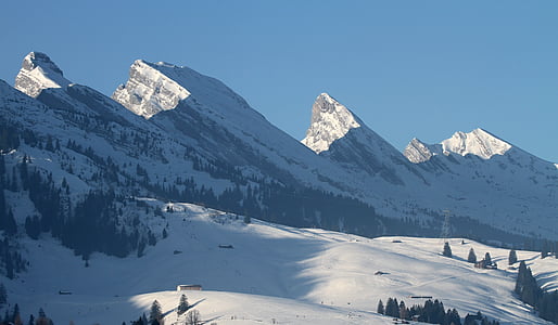 Churfirsten, pegunungan, Alpine, Swiss, salju, batu, biru putih