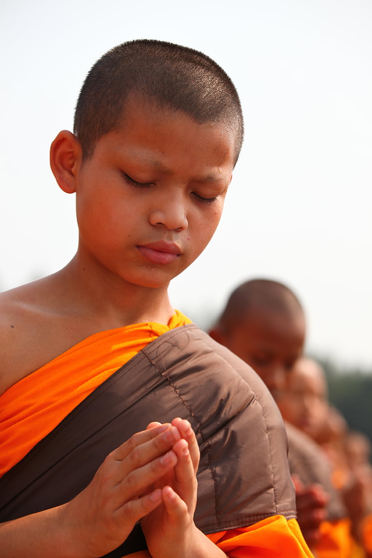 buddhisté, mniši, dítě, modlitba, Buddhismus, modlit se, chůze