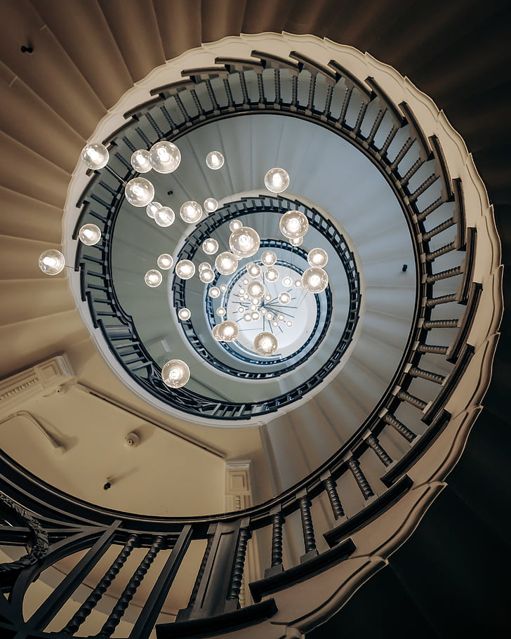 architecture, chandelier, lights, spiral staircase, stairs, staircase, spiral