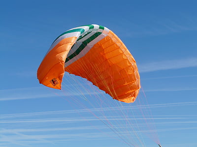 paragliding, orange, blue, sky, fly, airy, windy