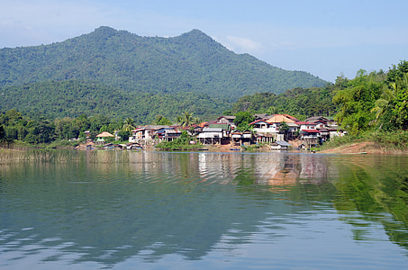 laos, lake, house, village, reflections, vang vieng, traditional fishing