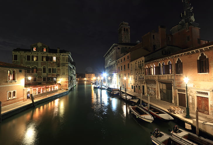 Italia, Venecia, canal, noche, Luna