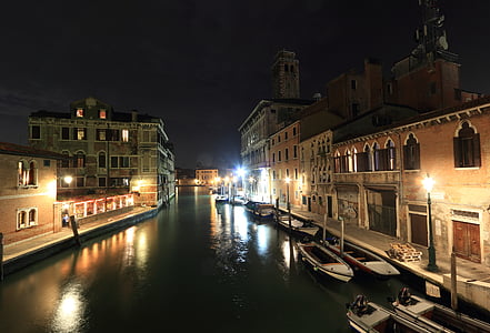 Itália, Veneza, canal, noite, lua