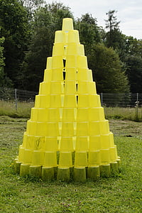 bucket, stacked, yellow, green, yellow green, artwork, art object