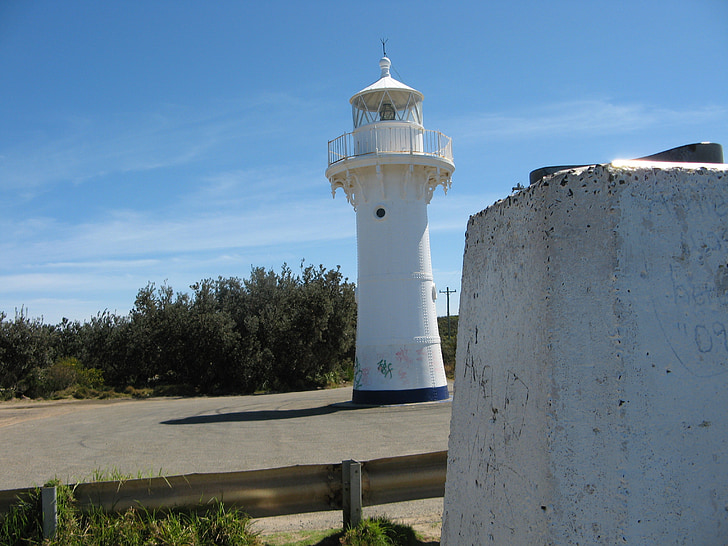 lighthouse, white, blue sky, sky, cloud, bush