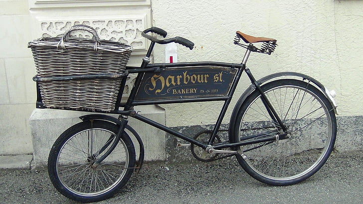bicycle, delivery, basket, transportation, old, street, wheel