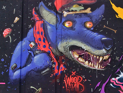 Graffiti, cane, arte, pittura, parete, blu, fumetto