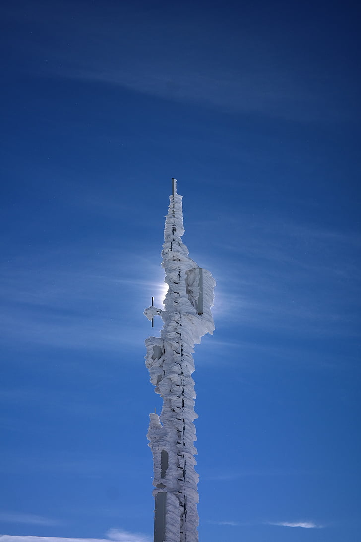 transmission tower, radio tower, iced, snow, frozen, blue, tower