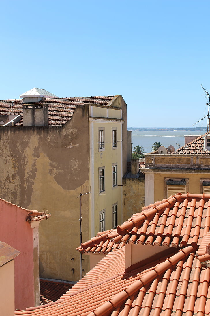 no piso superior, telhado, arquitetura, casa, exterior, Lisboa