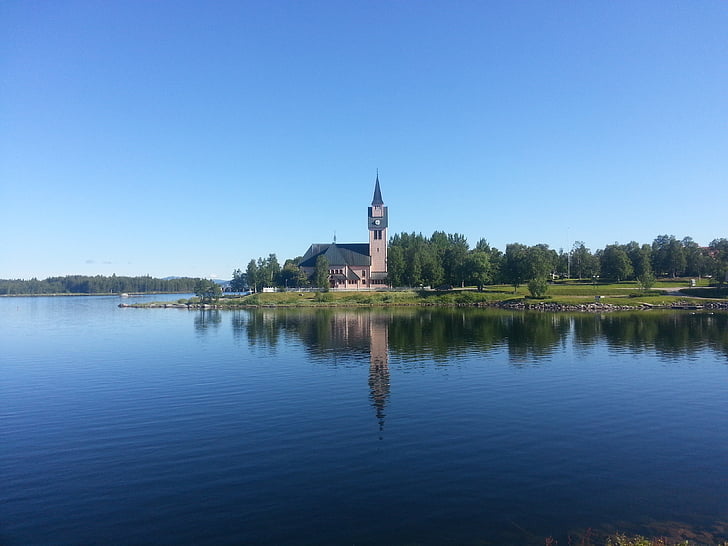 Arjeplog, kirke, vand, sommer, blå, himmel, Norrland