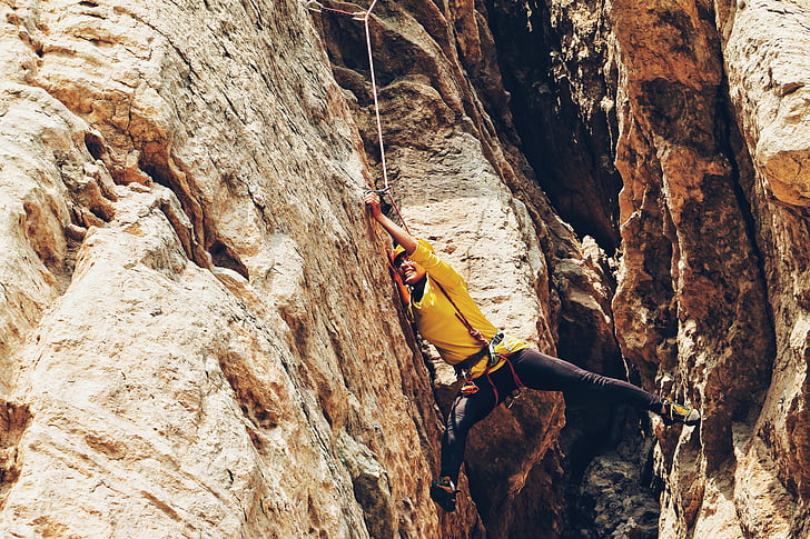rappelling, rocks, hill, cliff, people, girl, adventure