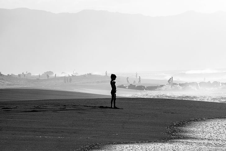 escala de grises, Foto, persona, pie, orilla del mar, personas, hombres