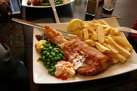 fisk, Crisp, ärtor, engelsk mat
